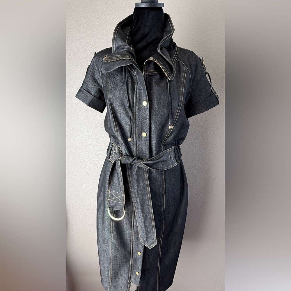 Stylish Dark Denim Dress with Belt and Gold Embellishments. Very Classy! Size 8